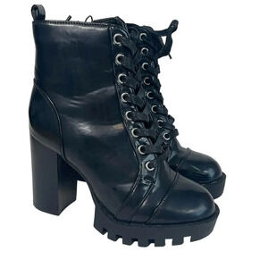 Wild Diva Glenna Lug Lace Up Black Chunky Heel Platform Women's Size 6